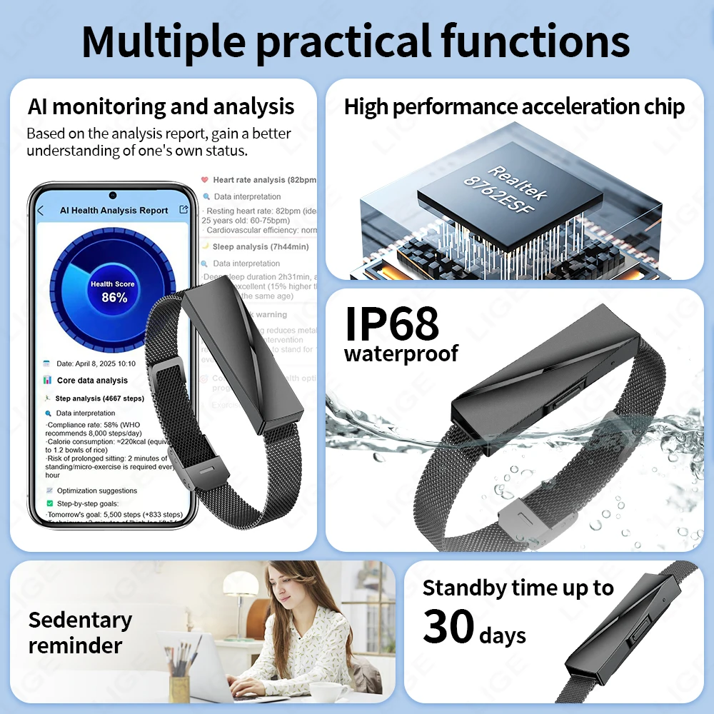 LIGE Luxury Smart Watch 24 Hours Health Monitor Bracelet Sport Fitness Tracker Couple Interaction Fashion Men Women Smartwatch