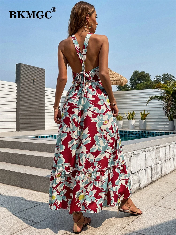 BKMGC Floral Printed Halter Sleeveless Sexy Backless Top Long A-line Boho Bohemian Vintage Style Beachwear Dress For Women 2819