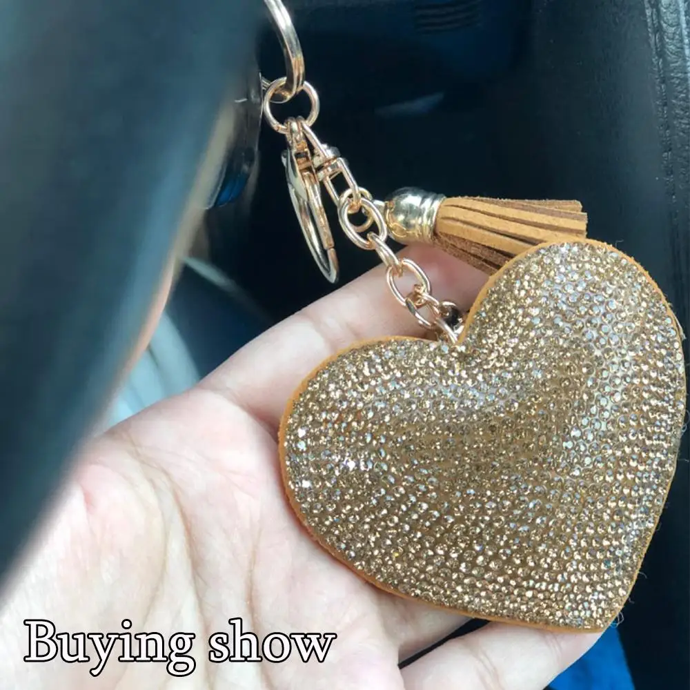 Luxury Bling Rhinestone Heart Shape Keychains Women Girls Leather Keyring With Tassel For Purse Charms Backpack Accessories