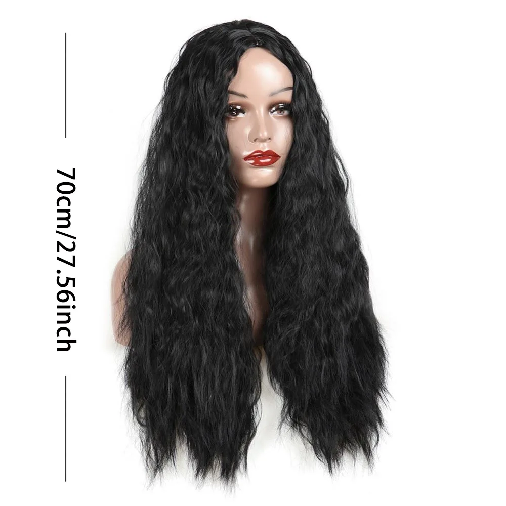 1PCS long black Corn Curly synthetic fiber Wigs Water ripples Wavy hair Heat Resistant Middle Part bang Asian women Daily wear