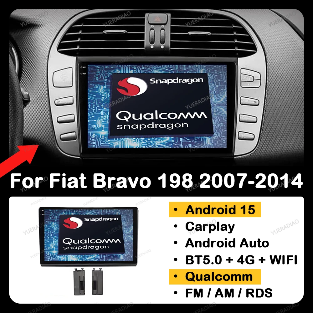 Android 15 Wireless Carplay Auto For Fiat Bravo 198 2 II 2007 - 2014 Car Radio Multimedia Video Player 4G WIFI GPS NAVI QLED DSP