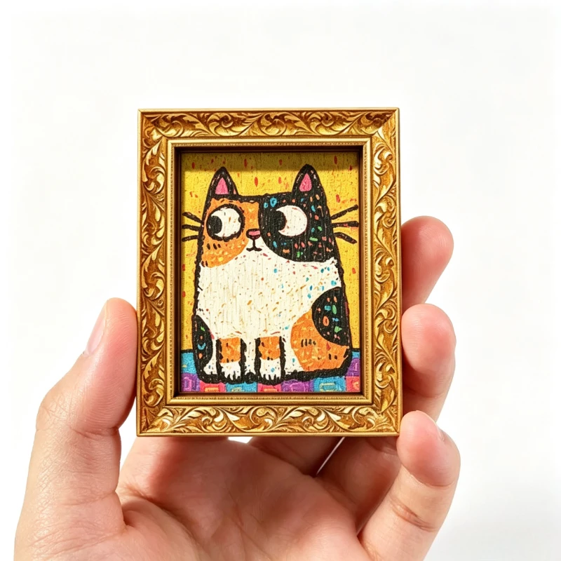 Creative Graffiti Fridge Magnet Painted Calico Cat Small Wooden‑Textured Frame Refrigerator Magnetic Decor