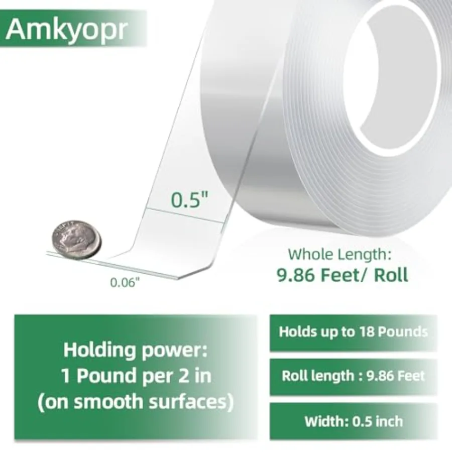 Double Sided Acrylic Mounting Tape, 10FT x 1/2in Clear Heavy Duty Adhesive Foam Tape, Removable No Residue Waterproof Tape for