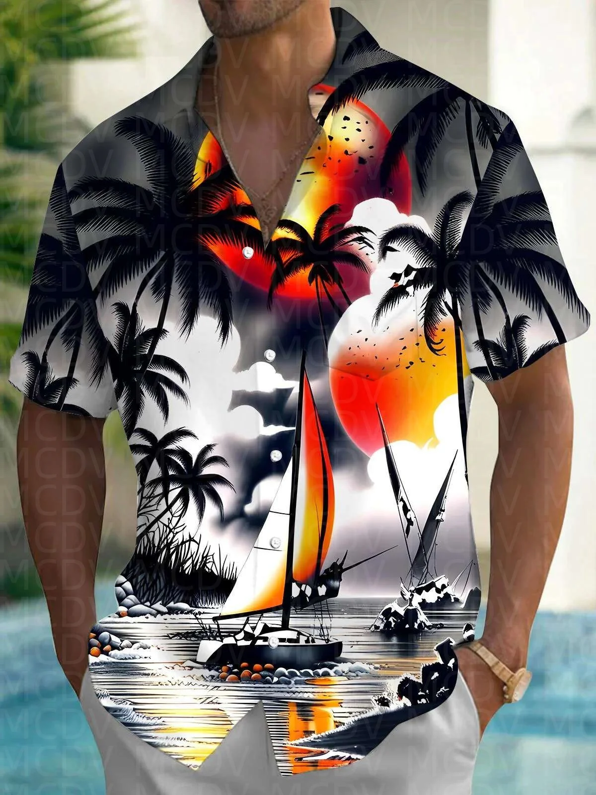 Seaside Scenery Pattern Men's Hawaiian Shirt Stretch Easy Care Camp Shirt Big Tall