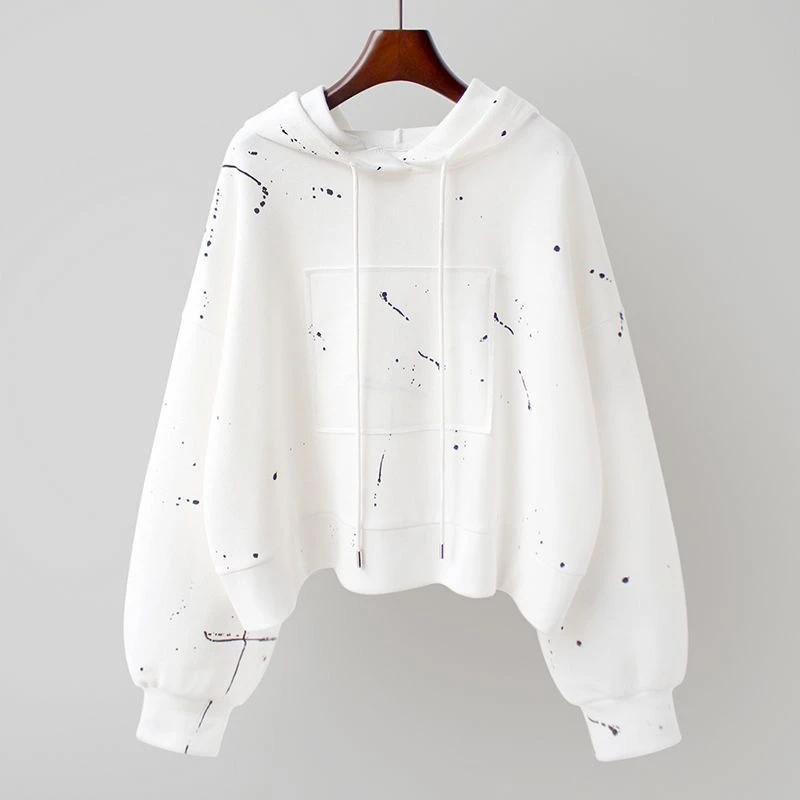 Women's 2026 Spring Autumn Korean Chic Thin Cropped Hoodie Loose Fit Irregular Print Long Sleeve Top