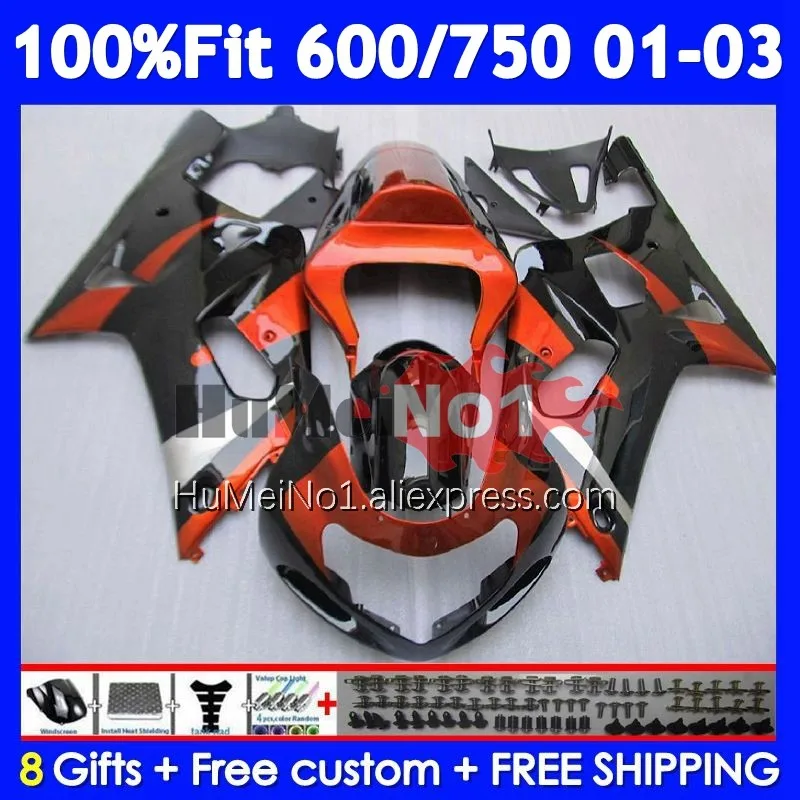 OEM Body For SUZUKI GSXR 600 750 CC K1 GSXR600 102No.9 GSXR-600 GSXR750 01 02 03 2001 2002 2003 Injection Orange black Fairings