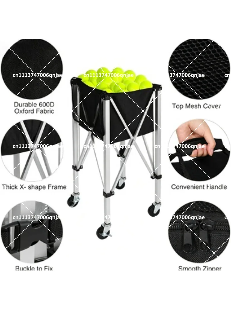 Foldable Ball Cart for Tennis Pickleball Badminton Softball 360° Wheeled Large Capacity Carrier with Storage Bag