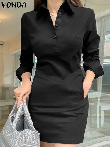 Imagen 2 del producto VONDA-vestido elegante de verano para mujer, camisa de manga larga de Color liso, vestido veraniego informal holgado con botones y bolsillos, Mini Vestidos cortos