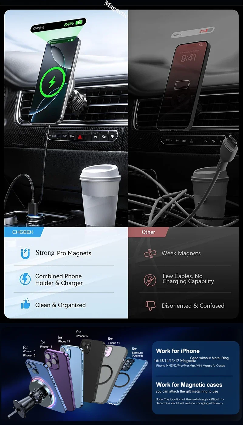 UYUXIO Magnetisches Kabelloses Auto-Ladegerät Adapter 15W Schnellladung Lüftungsschlitz-Autohalterung mit Magnet für iPhone 17 16 15 – Detail 5