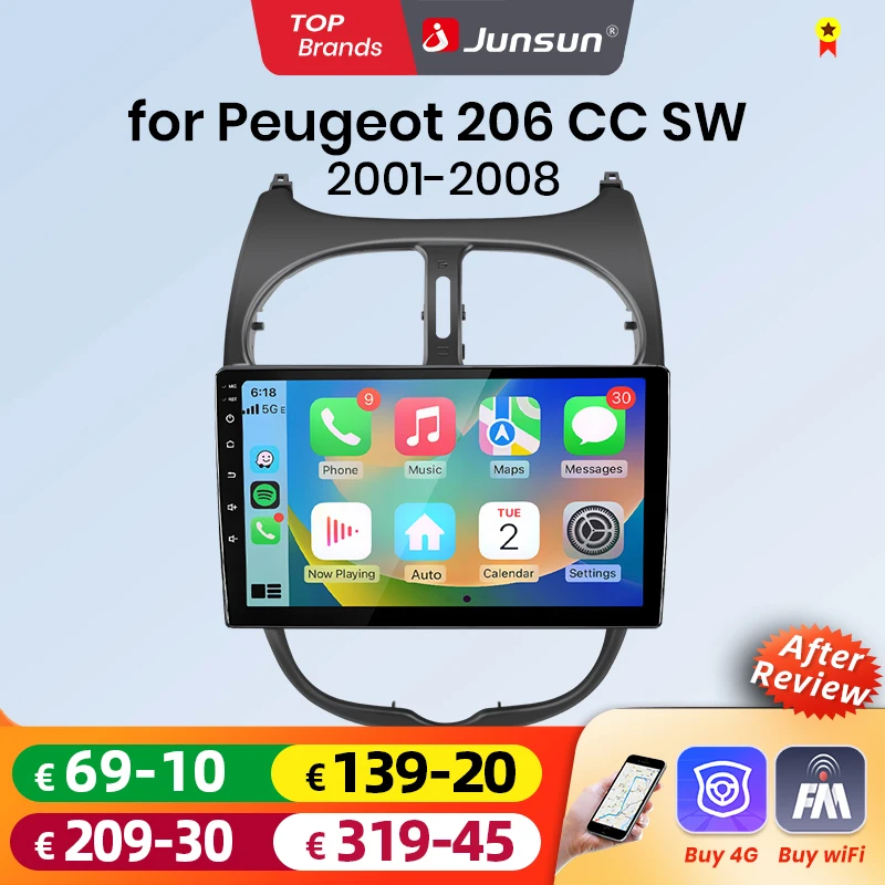 Junsun Android Auto Autoradio für Peugeot 206 206CC 206SW 2001 2002 2003-2008 Multimedia Wireless Apple CarPlay Android Auto Intelligente Systeme IPS-Bildschirm Stereo-Videoplayer 2 Din Autoradio Head