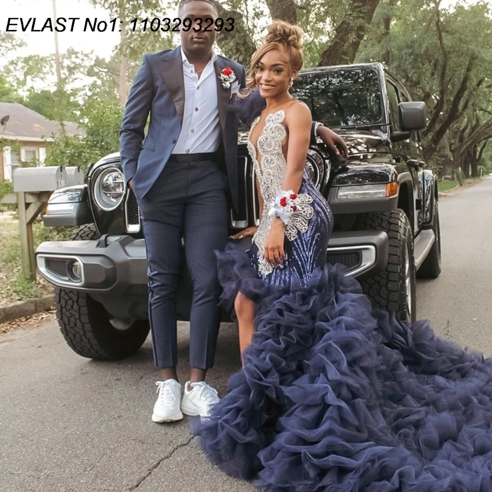 

EVLAST блестящее темно-синее платье русалки с оборками для выпускного вечера, черное платье для девочек с высоким разрезом и кристаллами из бисера в африканском стиле, вечернее платье TPD188