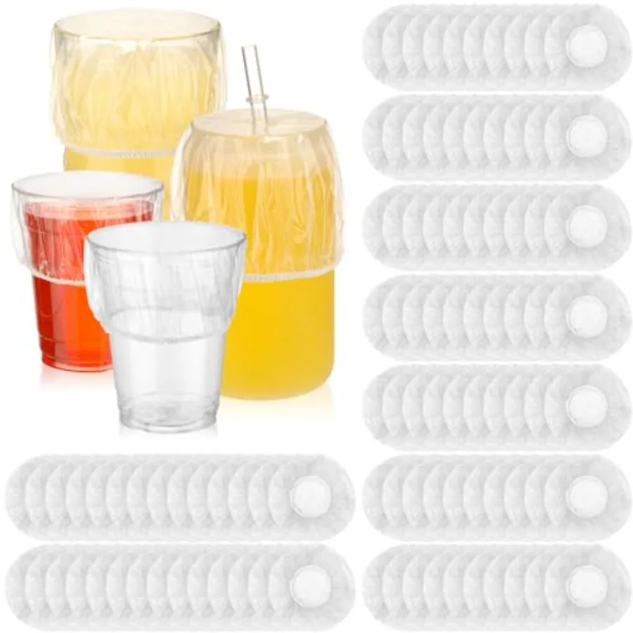 

100 Pcs Scrunchie Drink Covers Bulk Disposable Plastic Covers for Cups, Beverage Protection Cover for Christmas Bar Club Adult