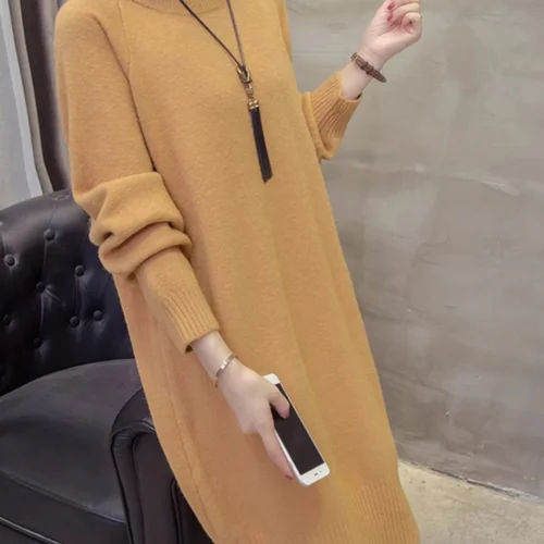여성용 중장모 털바지 스커트 니트 원피스 2024 가을 겨울 신상품 두꺼운 편안한 과장 스타일 과nee 긴 소매