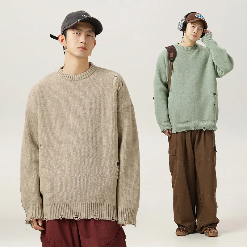

Hollow Out Ripped Design Round Neck Sweater Autumn Winter Imitation Deer Fur Plush Trendy Brand Loose Solid Color Knitted UO3A