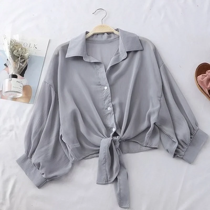 Chiffon Shirts Women 2022 Summer Half Sleeve Buttoned Up Shirt Loose Casual Blouse Tie Waist Elegant Blouses for Women