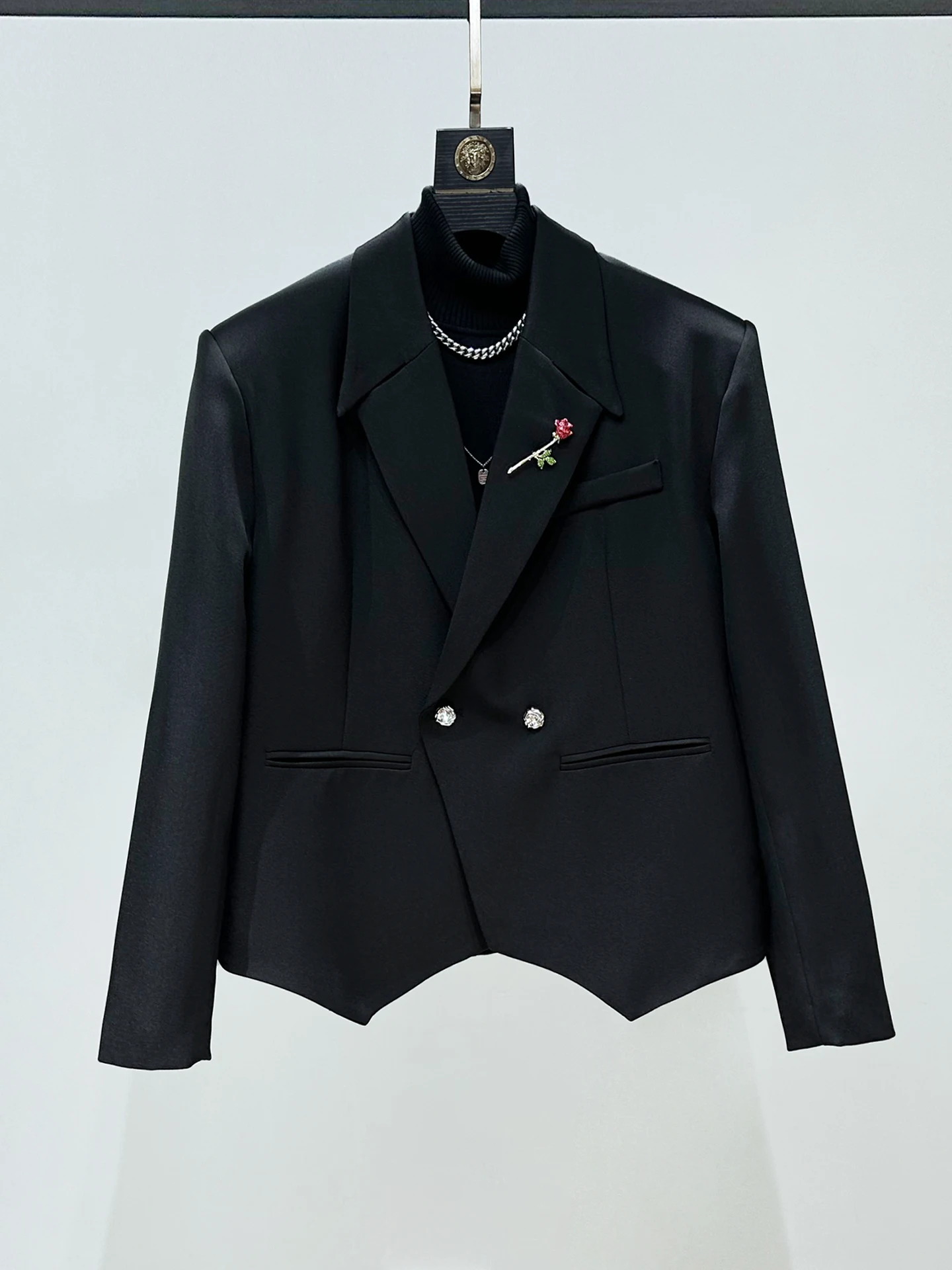 

New Arrival Men's Casual Loose Fit ort Bla Suit Jaet Two Button Double Row Metal Decorated Stand Sle Spring Autumn