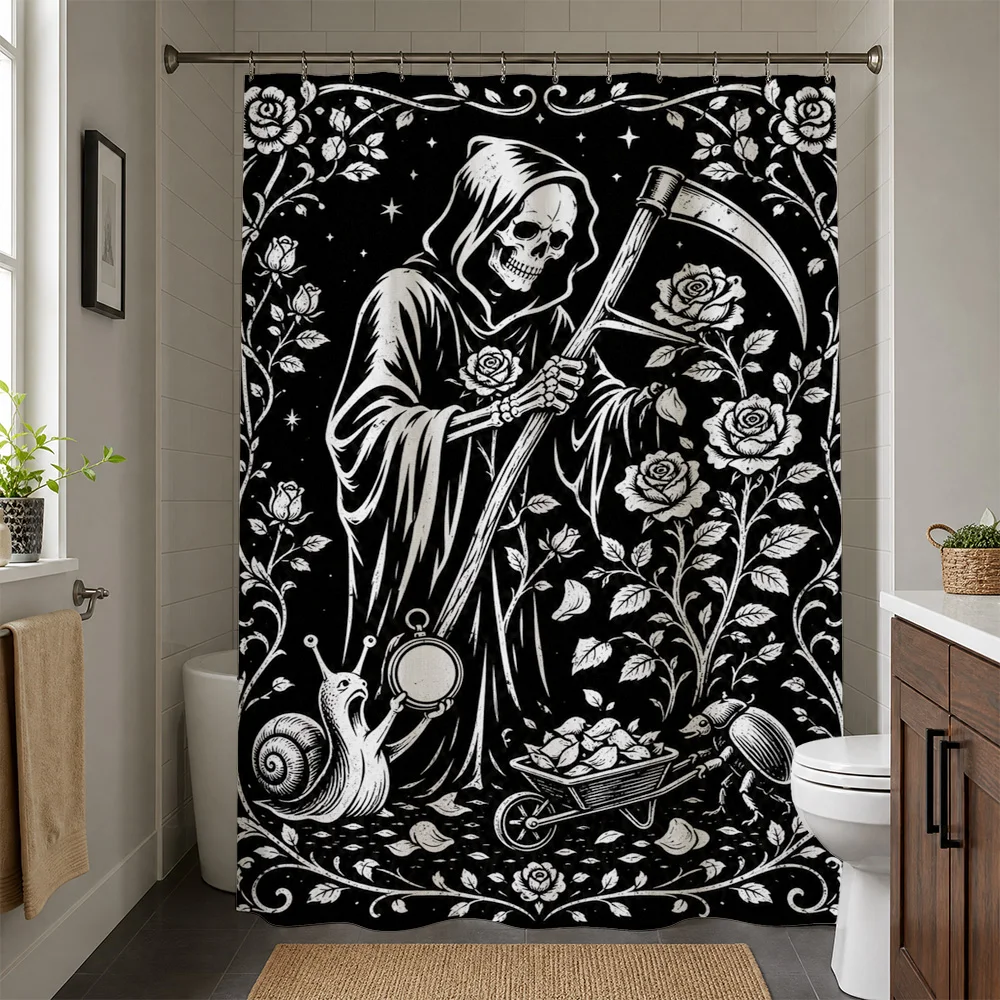 Waterproof Gothic Skeleton Rose Print Shower Curtain Halloween Horror Bathroom Decor Art Black Pattern XL Home Accent Curtain