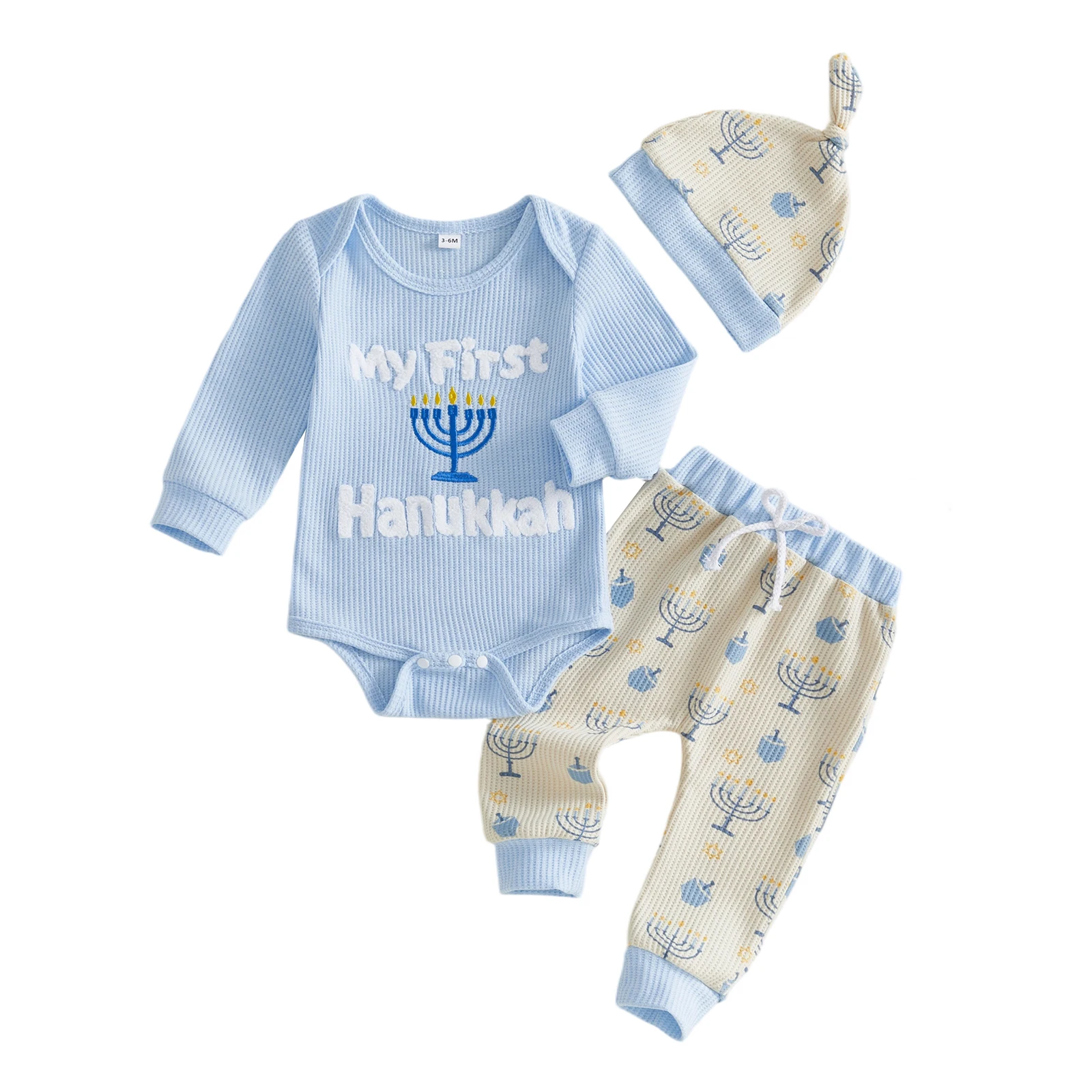 Baby Boy Hanukkah Outfits Long Sleeve Romper with Candle Print Pants Hat