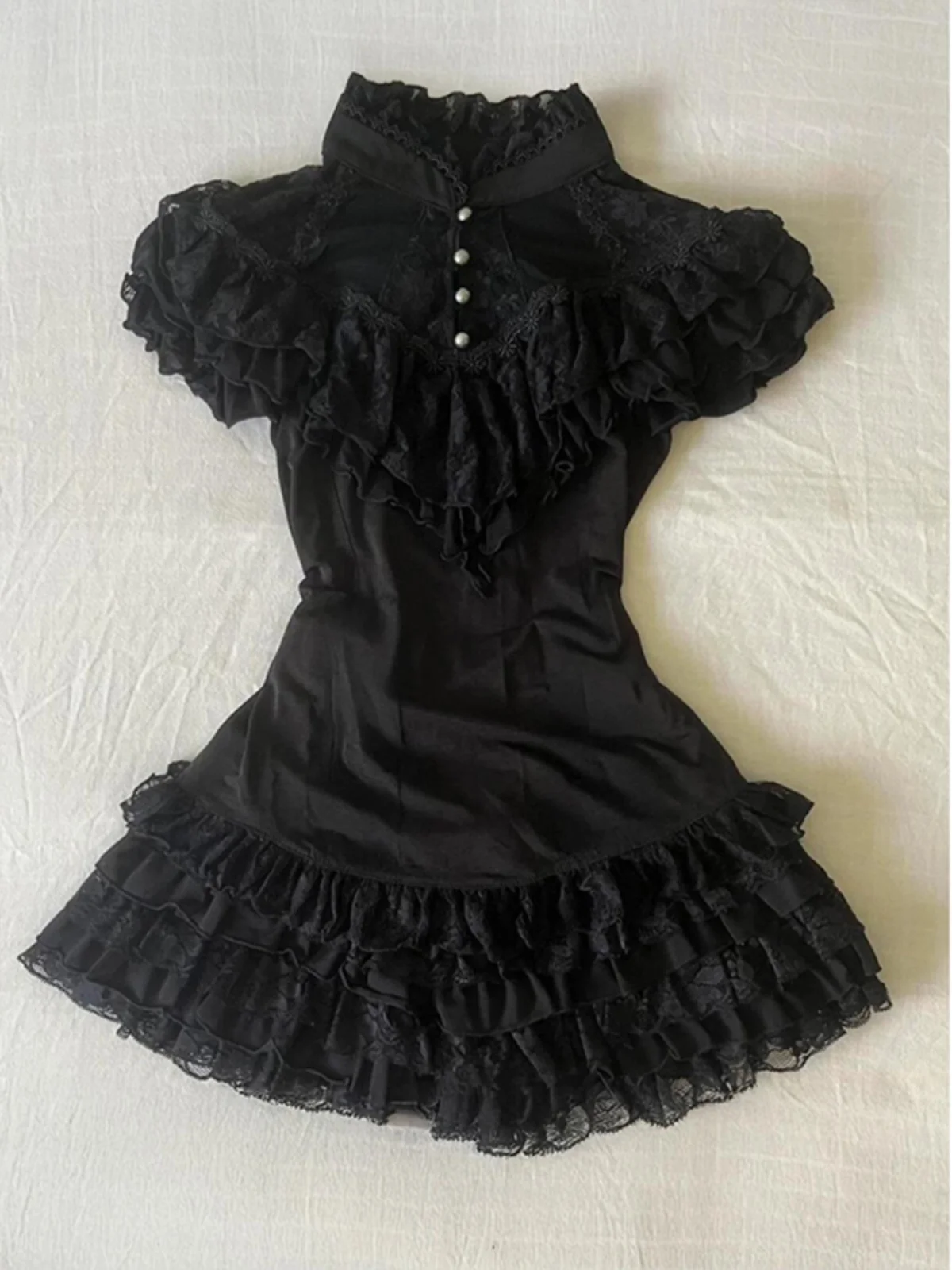 

Original Bla Lace Trim Stand Collar ort Sve irt Women's Summer Vintage Waist Cinched Top Faionable Casual Wear