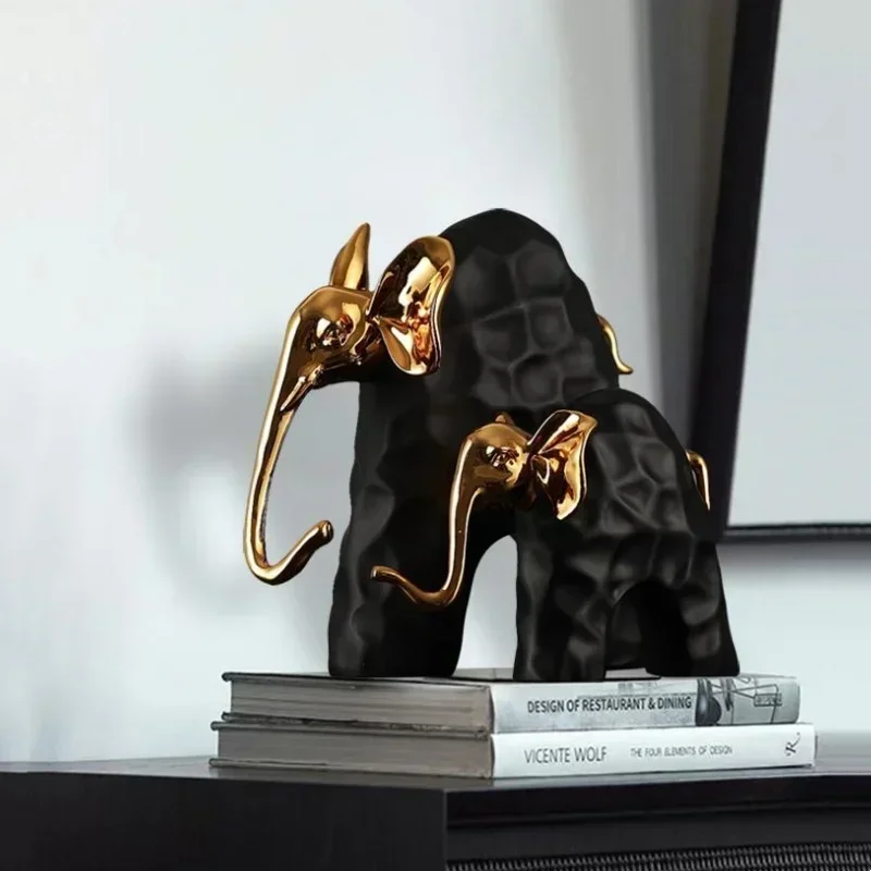 D17Resin Handicraft Artificial Animal Sculpture Elephant Mother-calf Calf Golden Animal Statue Decorative Figurines Home Decorat