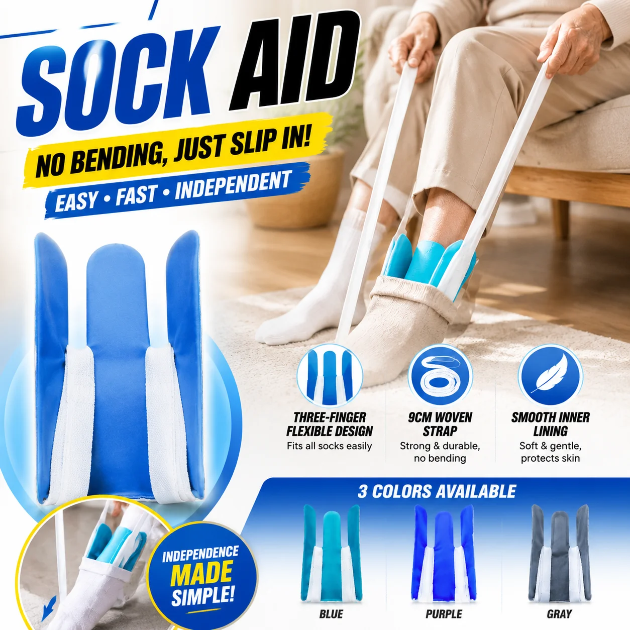 No Bend Sock Donning Aid Three-Prong Sock Puller With Long Reinforced Pull Strap Soft Smooth Helper For Seniors Pregnant women