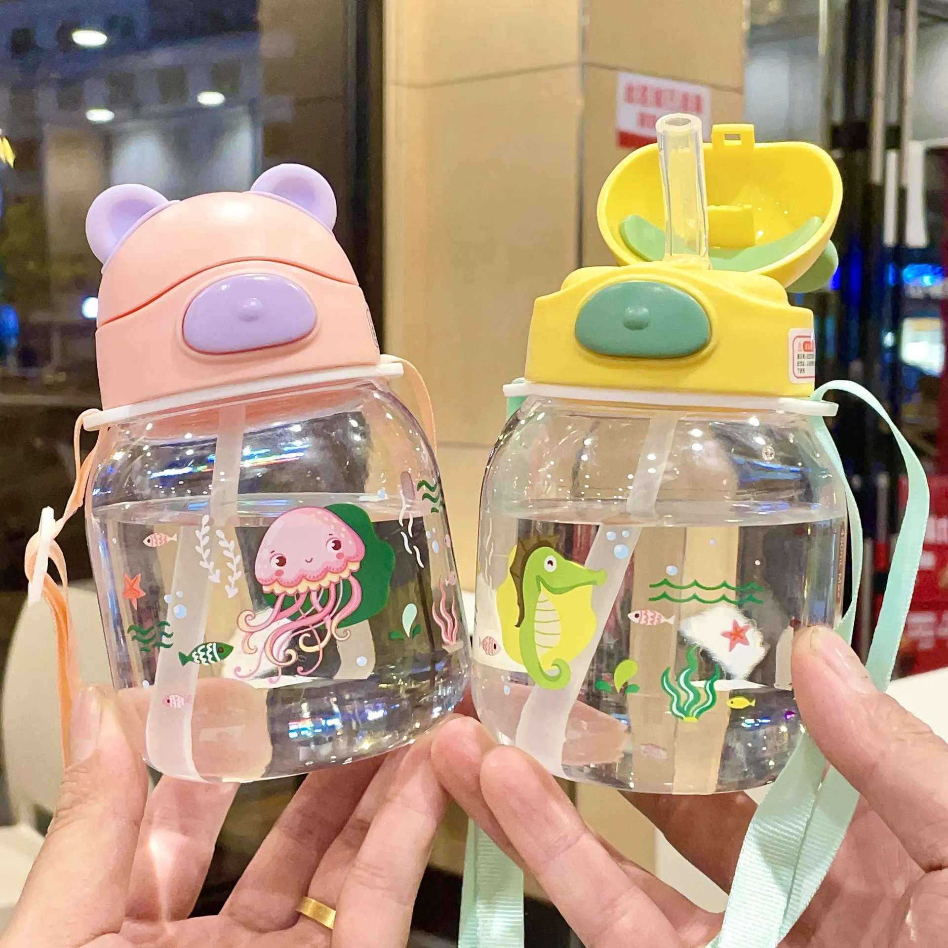 450ml Children's Water Bottle Boys Girls Cute Cartoon Water Cup Anti-fall Straw Cup Summer School Kindergarten Baby Kettle