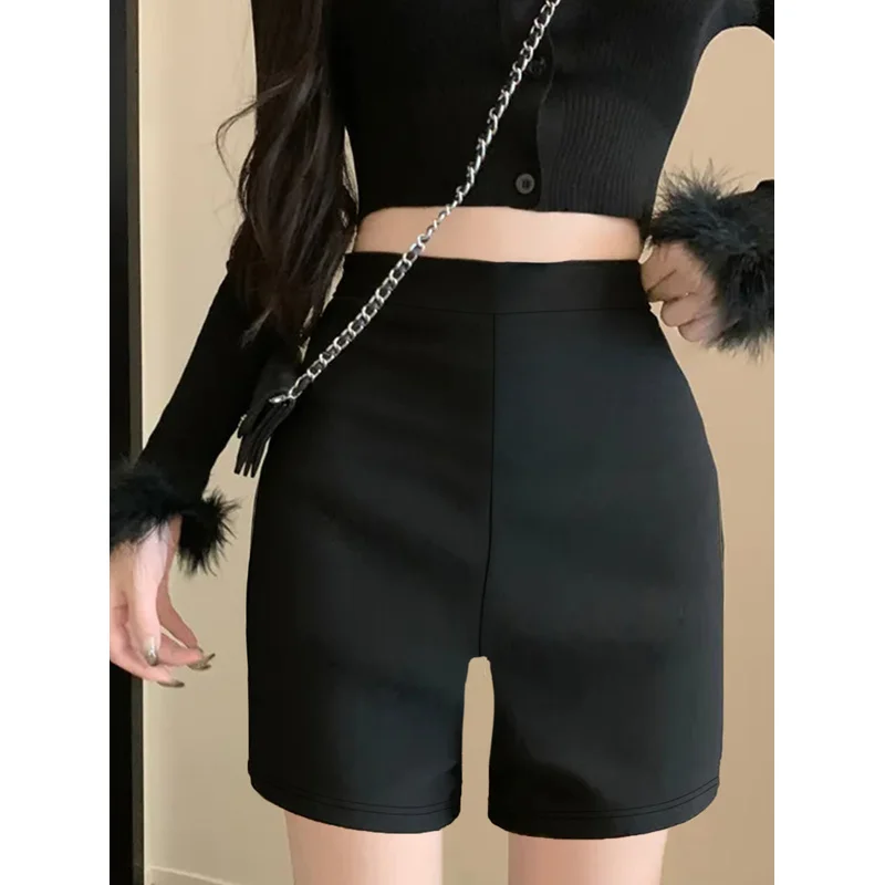   2025 캐주얼 오피스 여성용 반바지 레귤러 핏 솔리드 블랙 엘라스틱 웨이스트 슬리밍 펜슬 팬츠