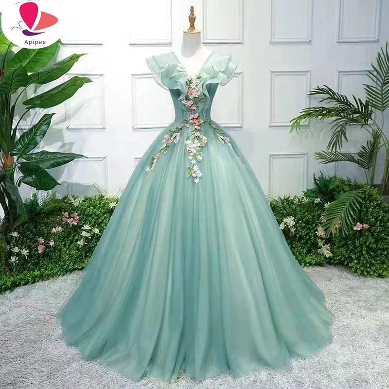 Green Quinceanera Dress Elegant V-neck Party Prom Ball Gown Sleeveless Sweet Floral Print Quinceanera Dresses  Vestidos