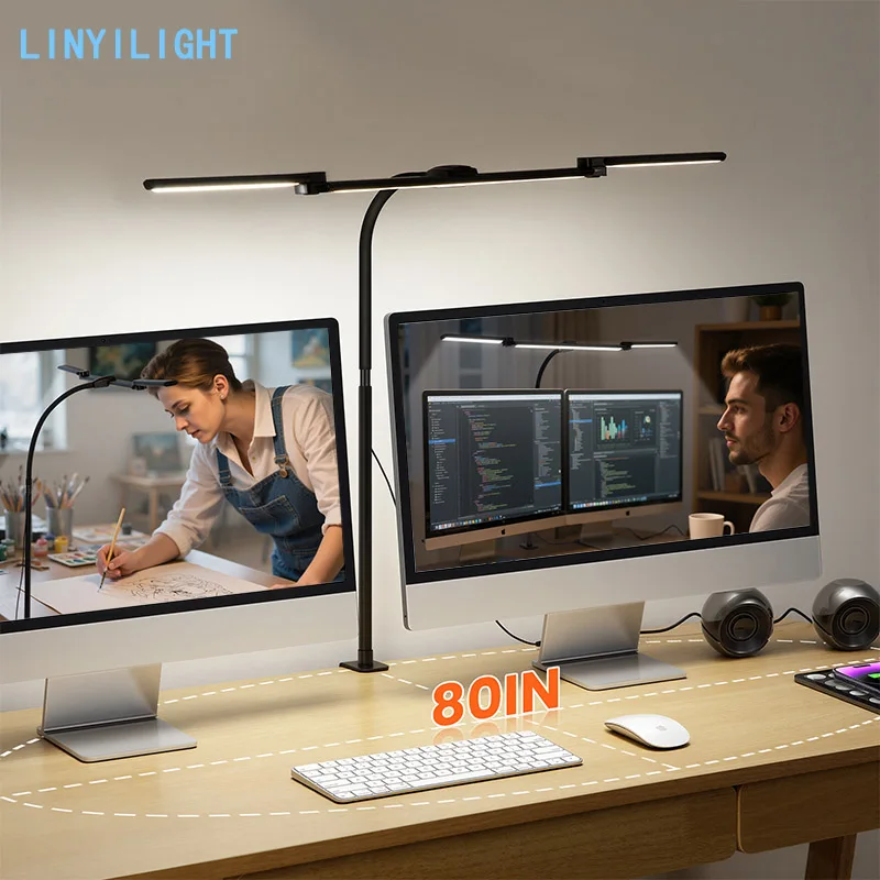3 Heads Clip on Reading Lamp Dimmable Table Light LED Flexible Gooseneck Desk Lamp Eye-Caring Office Study Light for Game Work