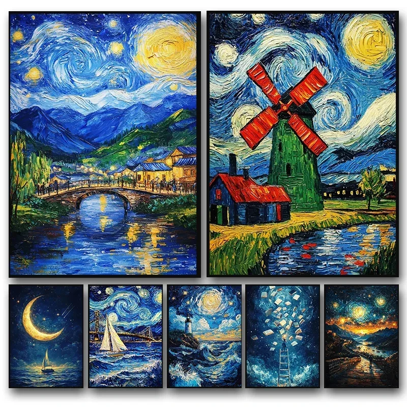 Modern Van Gogh  Starry Night Landscape Poster Sydney Opera House Prints Canvas Painting Wall Art Picture Home Living Room De