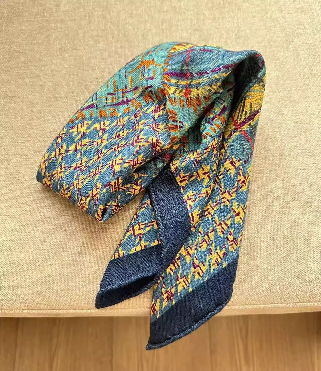 

70% Wool 30% Silk Scarf for Women Shawls Wraps Luxury Brand Blue Patchwork Square Scarves Female Hijab Bandana