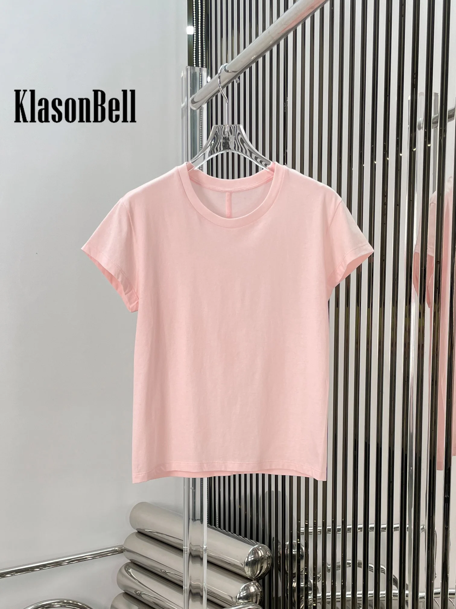 7.5 KlasonBell Women Fashion Classic Back Spliced Design Short Sleeve Tee Solid Basics O-Neck Slim T-Shirt