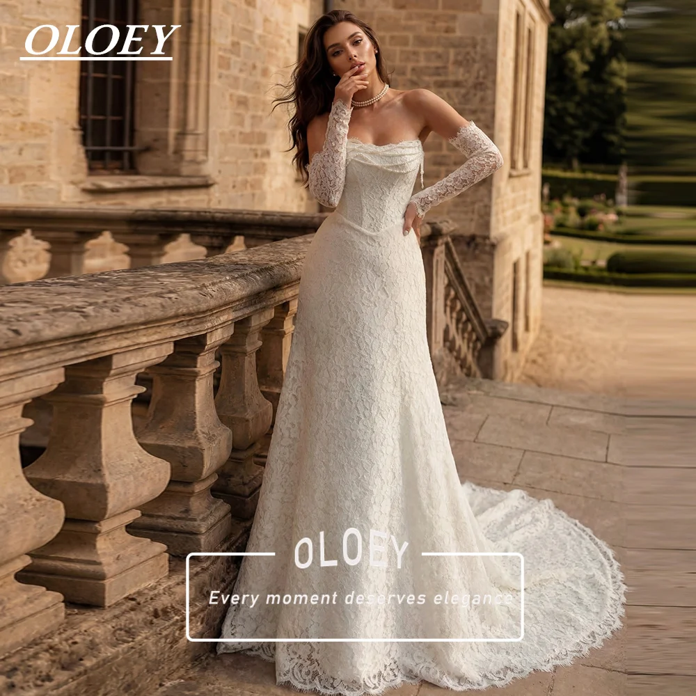 OLOEY Elegant Lace Wedding Dress with Detachable Sleeves Strapless Pearls Tassels Women's Bridal Gown Customized Sweep Tail