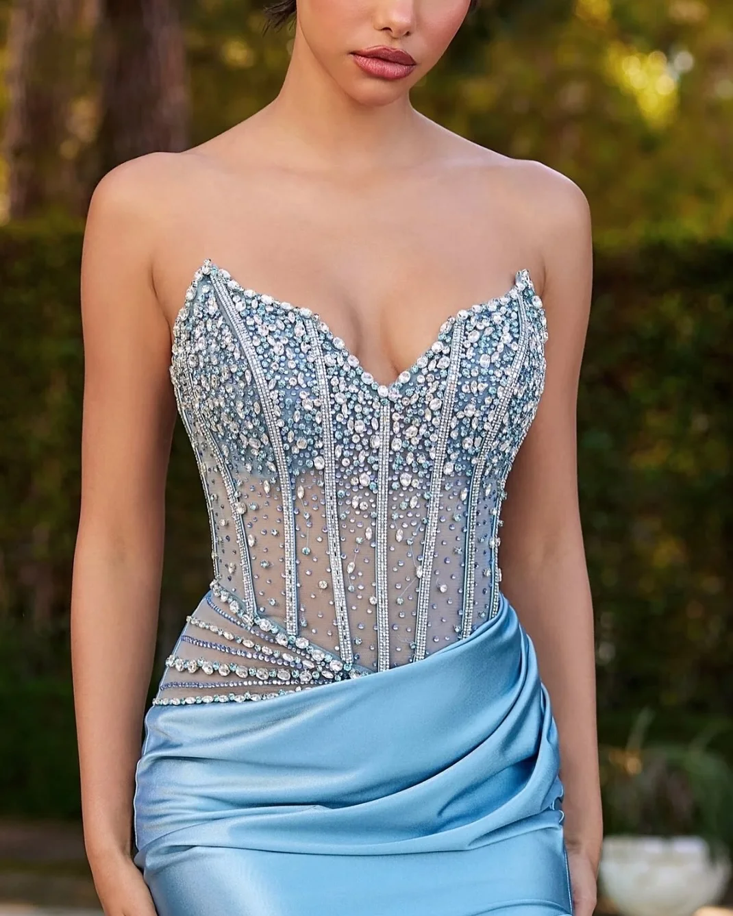 

ROSEINTHEBOX Customized2025 Arabic Blue Strapless Satin Mermaid Evening Dress Luxury Beaded Formal Occasion Gown Sexy Prom Dress