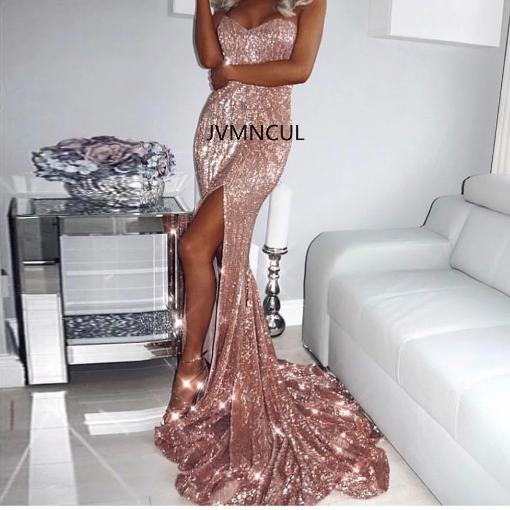 Sexy trägerloses Abendkleid mit glitzernden Pailletten und hohem Schlitz, elegantes Bankettkleid im europäischen und amerikanischen Stil 2025,