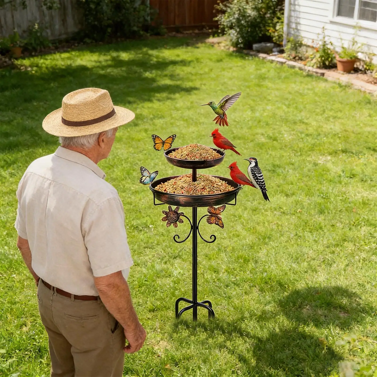 

Ванна для птиц на улице с кольями, металлическая нержавеющая двухслойная винтажная ванна для птиц, кормушка для птиц, миска для ванны, украшение для двора, патио