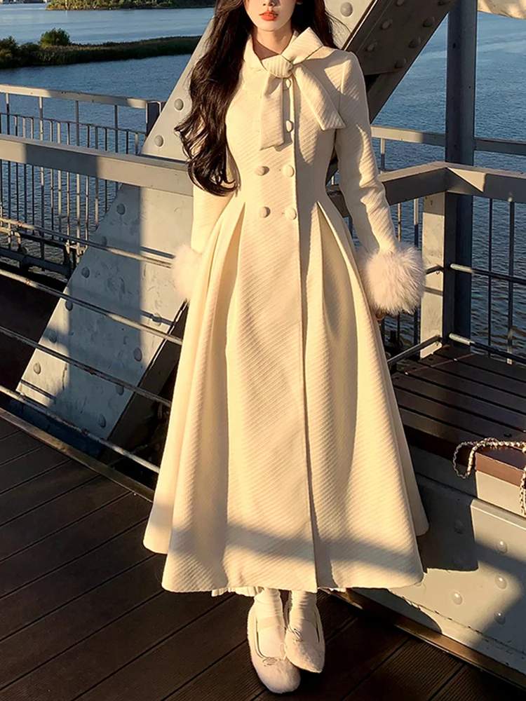 

White Woolen Coat Women's Long Waist-Cinching Slimming Winter Faion Korean Sle Polyester Fiber 2025 New Arrival