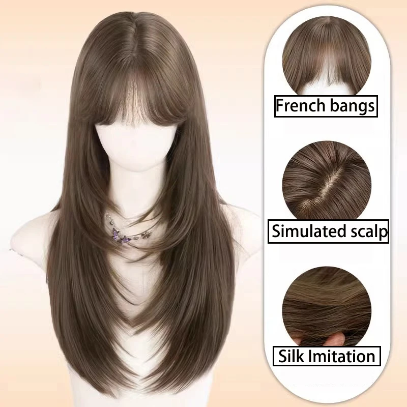 ブラウンブラックウィッグ女性シミュレーションヘア高レベルロングヘアエアナチュラルフレンチ前髪繊維合成かつら女性のための