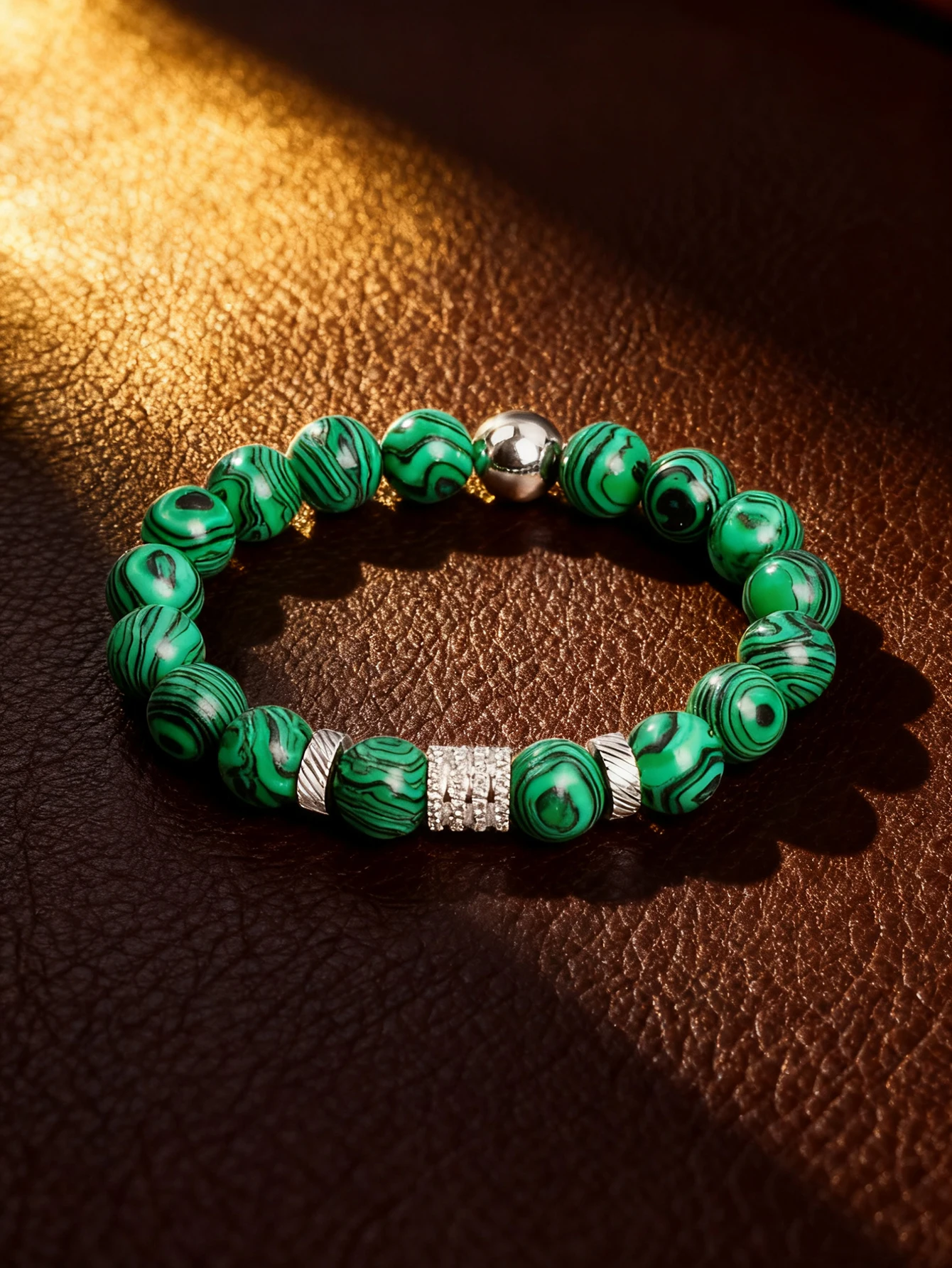 

Malachite Bracelet Beaded 10mm Green Stone Natural with Stainless Steel Cylindrical Beads for Energy Healing Reiki Charm Jewelry