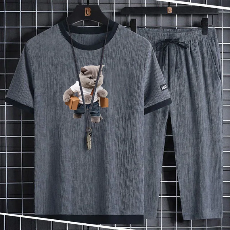 

Новый летний спортивный повседневный комплект из двух предметов для мужчин: модная футболка и шорты из полиэстера для подростков