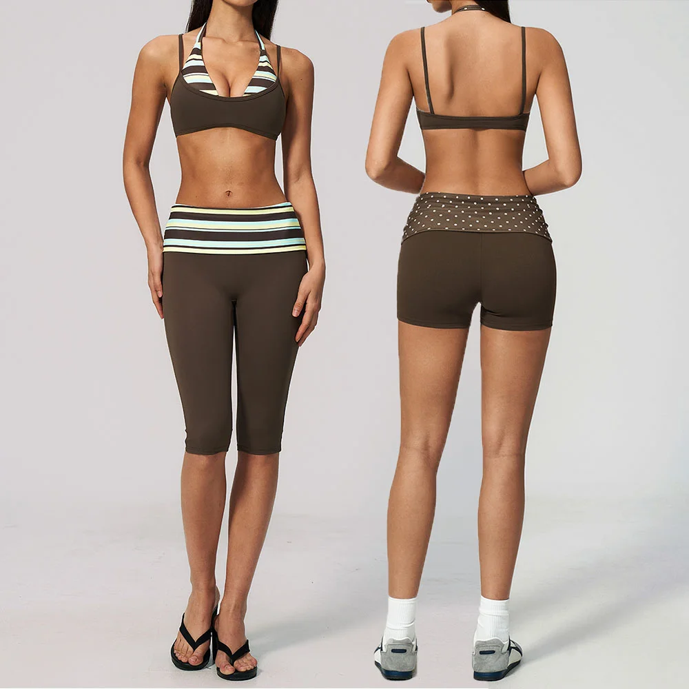 2PCS Yoga Set Women Tracksuit Fashion Polka Dot And Striped Workout Sets Shockproof Sports Bra High Waist Butt Lift Yoga Clothes