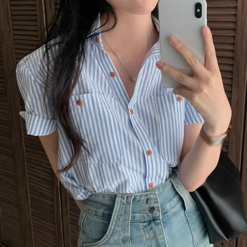 Women\'s Blouses Summer V-neck Pocket Striped Printed Short Sleeve Shirt Casual Tops Female Clothing