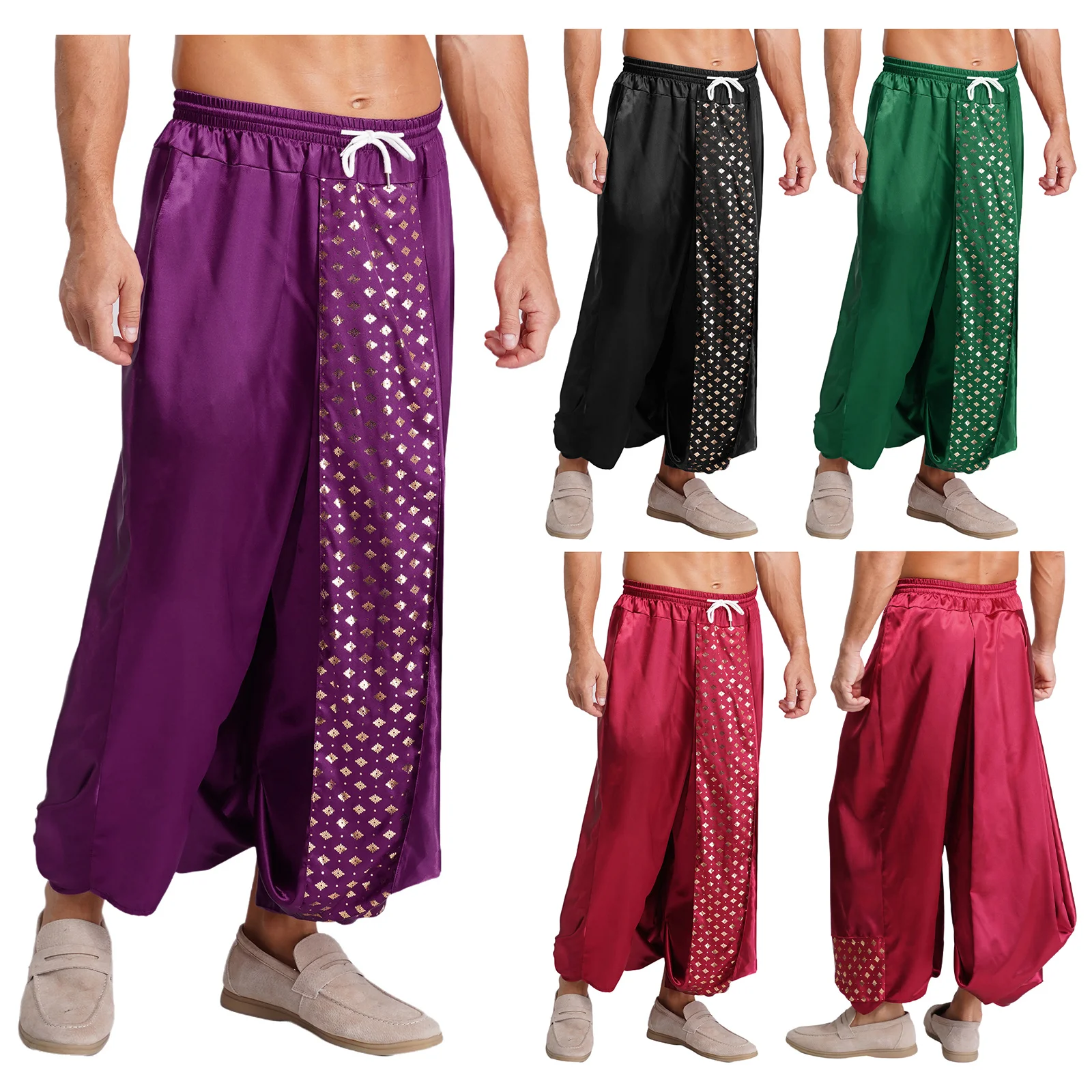 Calça masculina satinada dhoti de dança indiana, estampa metálica, cordão na cintura, lanterna solta, calças harém, calças tradicionais tailandesas