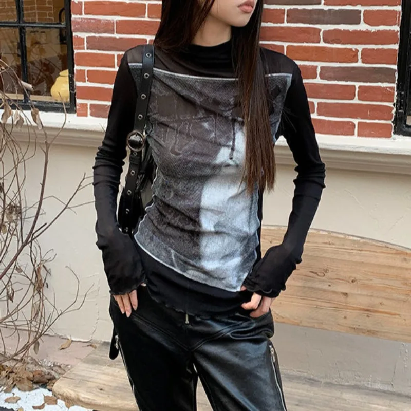 American Retro Character Print Black Long-sleeved T-shirt Women 2025 Autumn New Streetwear Sexy Slim All Match Mesh Tops