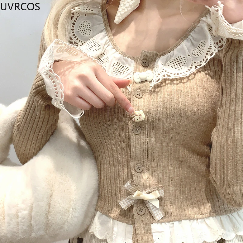 Sweet Lolita Style Short Cardigan Women Kawaii Lace Patchwork Ruffles Bow Knitted Coat Korean Fashion Chic Buttons Cute Crop Top