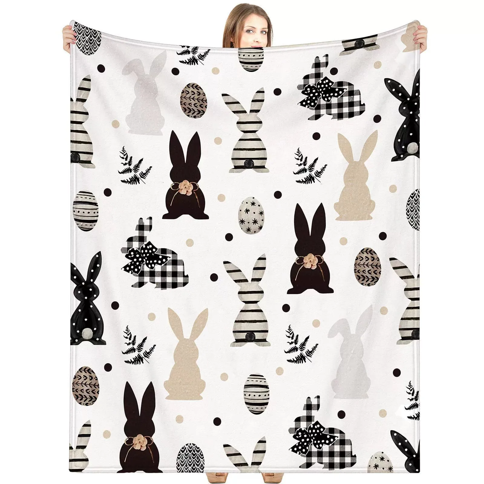 VIKAMA  Happy Easter Flannel Blanket, Rabbit Black Throw Blanket, Farmhouse Blanket Decorates Sofa Soft and Warm Bed Decor