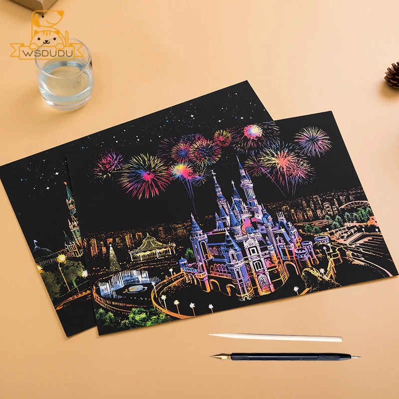 2PCS Scratch Paper Magic Painting Kit Art Night Scene World Landmarks Animals Drawing Toys with Pen Crafts Card Game Adult Gifts