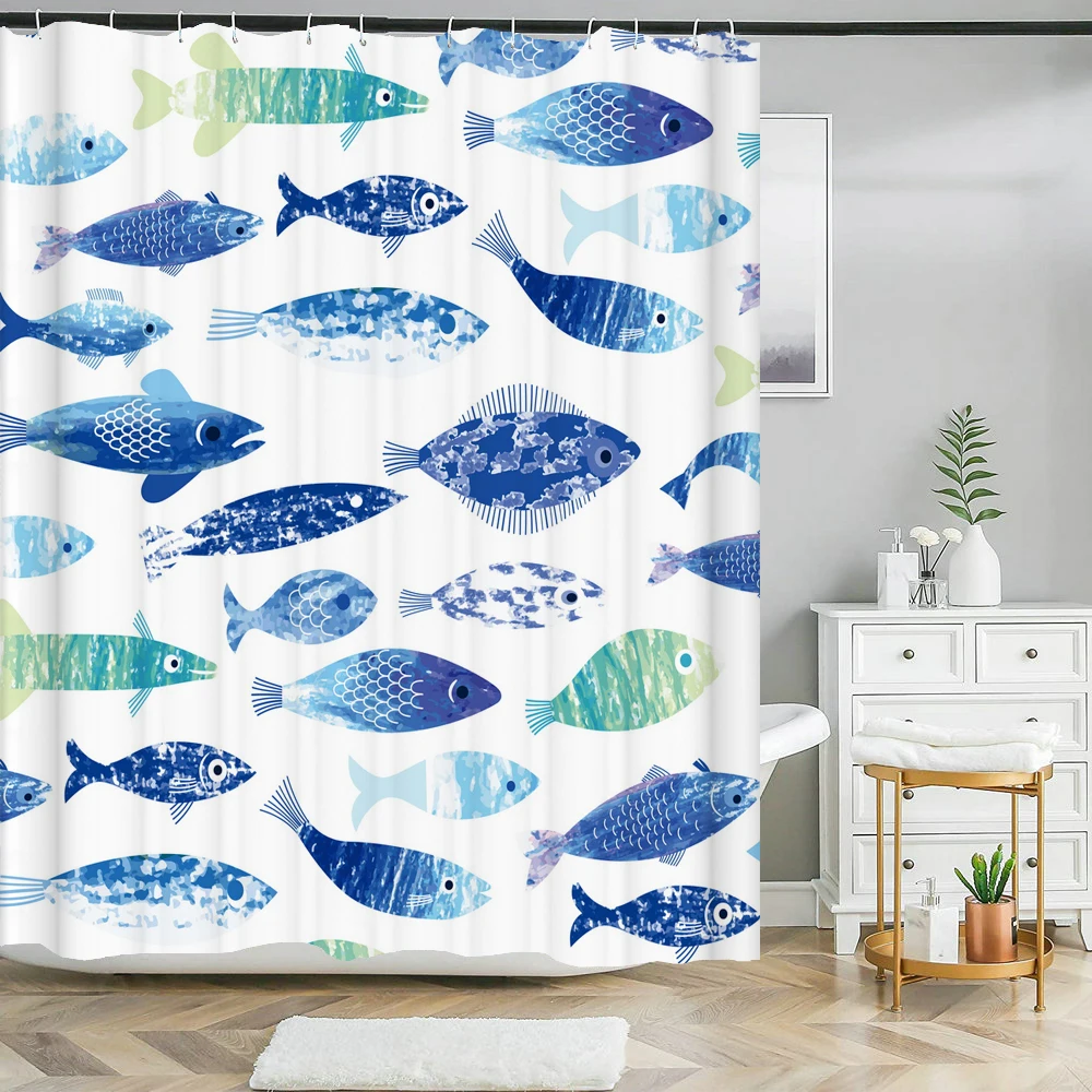 Blue Seabed Fish Shower Curtain Modern Art Ocean Animal Waterproof Colorful Bath Curtains Home Bathroom Decor Curtain With Hooks