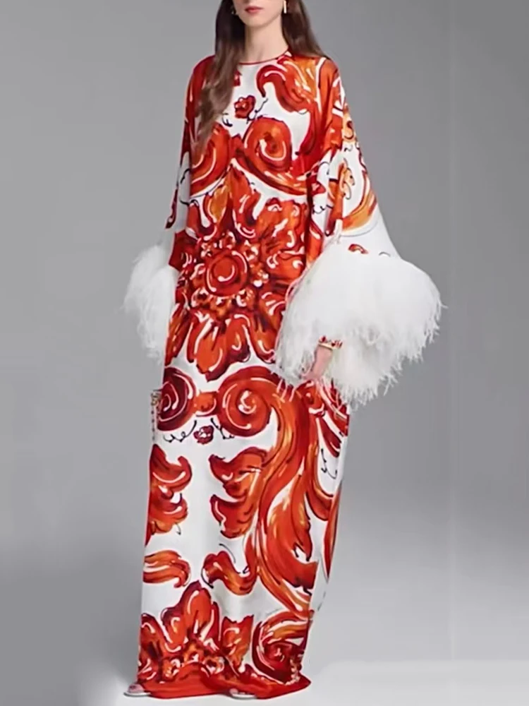 Design Retro Geometric Print Spliced ​​Feather Long Sleeve Dress 2026 Autumn Women's Clothing Loose Straight Skirt + Silk Scarf