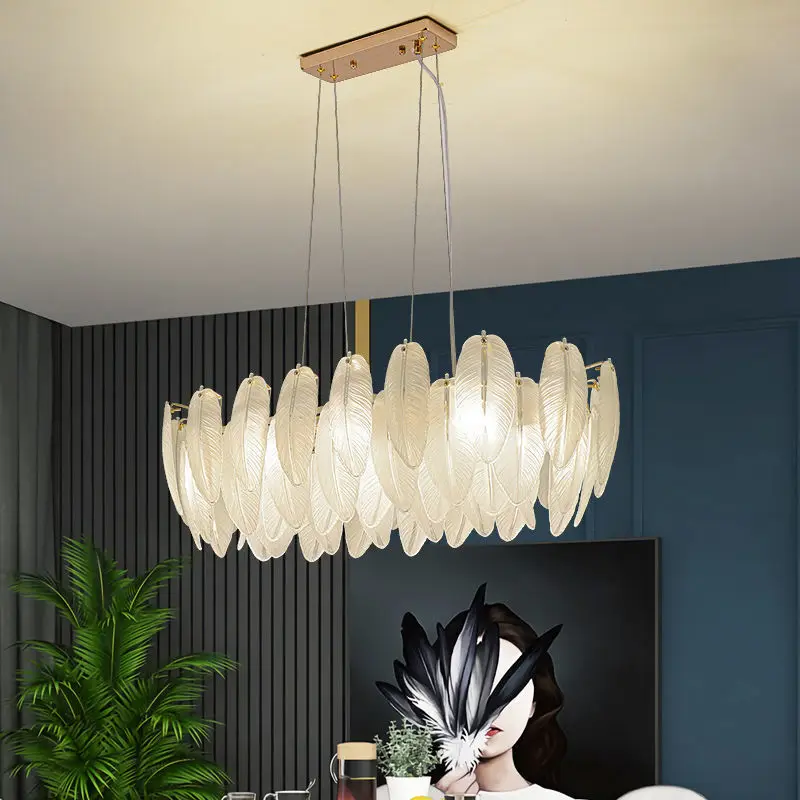 Modern Luxury Villa Led Chandelier Feather Glass Gold Metal For Living Room Bedroom Pendant Lights